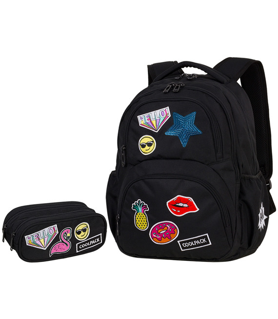 Zestaw młodzieżowy Coolpack 2018 Badges Girls Black - plecak Dart i piórnik Clever