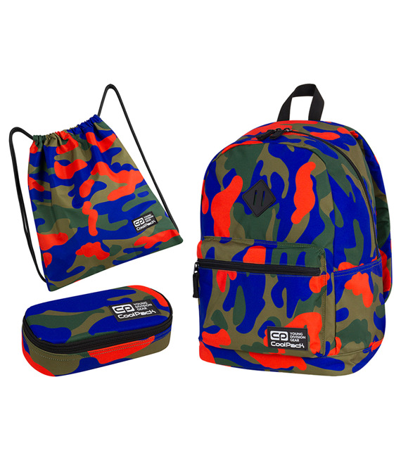 Zestaw szkolny Coolpack 2018 Camouflage Tangerine - plecak Cross, piórnik Campus i worek Sprint