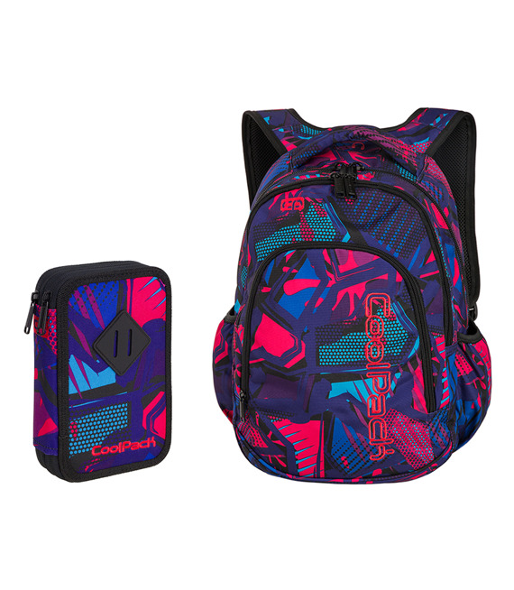 Zestaw szkolny Coolpack 2018 Crazy Pink Abstract - plecak Prime i piórnik z wyposażeniem Jumper 2
