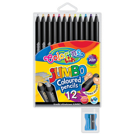 Kredki ołówkowe okrągłe czarne Jumbo 12 kol. + temperówka Colorino Kids 55857PTR