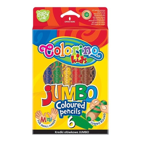 Kredki ołówkowe Jumbo 6 kolorów naturalne drewno + temperówka Colorino Kids 33121PTR